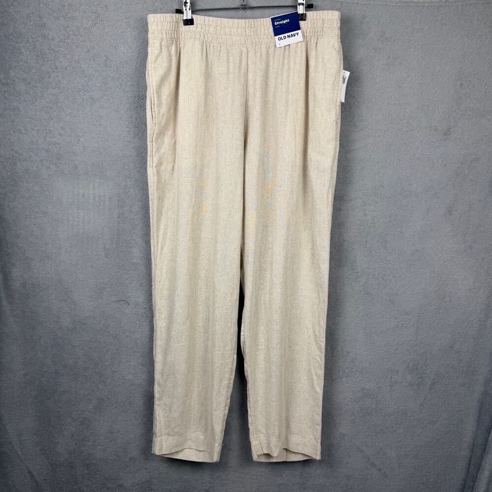 NEW Old Navy Linen Blend Pants Womens SZ L High Rise Straight Ankle Beige Summer